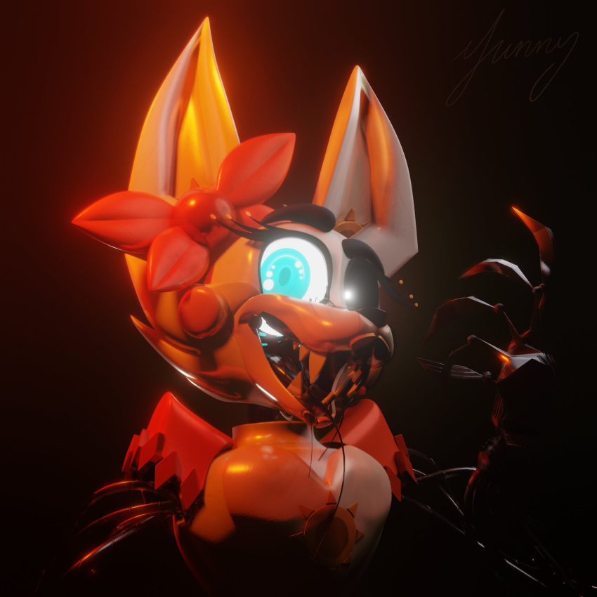&lt;3 2021 3d_(artwork) animator's_hell animatronic anthro big_ears black_background black_nose black_sclera blue_eyes bow_(feature) bow_ribbon canid canine claws digital_media_(artwork) eyebrows eyelashes fan_character female fox glowing glowing_eyes headshot_portrait hi_res lips looking_at_viewer machine mammal mechanical_arm metallic_body open_mouth orange_body orange_skin portrait robot sharp_claws sharp_teeth shoulder_pads signature simple_background solo sun sunny_(animator's_hell) sunnyjd04 teeth thick_eyebrows three-quarter_view white_body white_skin wire