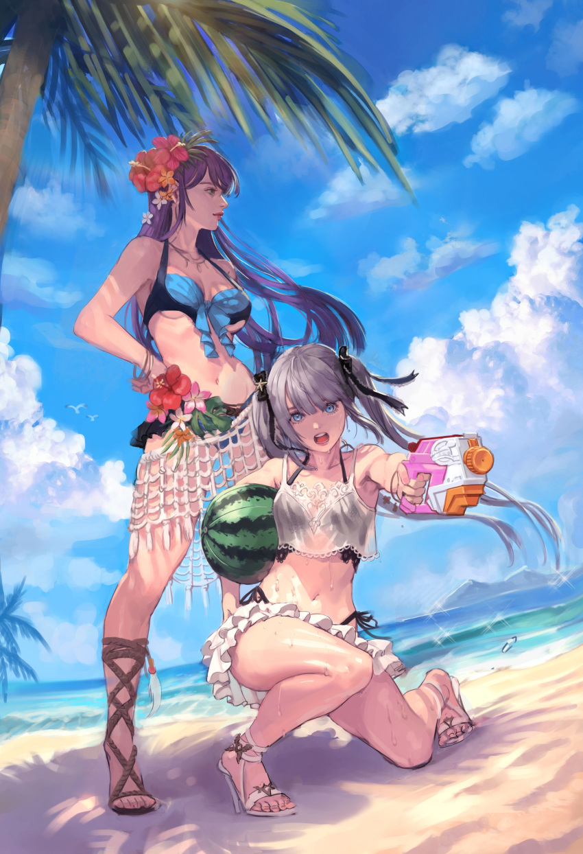 2girls absurdres beach bikini bird black_ribbon blue_eyes blue_sky cl_(chearin) cloud flower food frilled_bikini frills fruit grey_hair hair_flower hair_ornament hair_ribbon highres long_hair multiple_girls ocean palm_tree purple_hair ribbon sandals seagull sky swimsuit tree water_gun watermelon