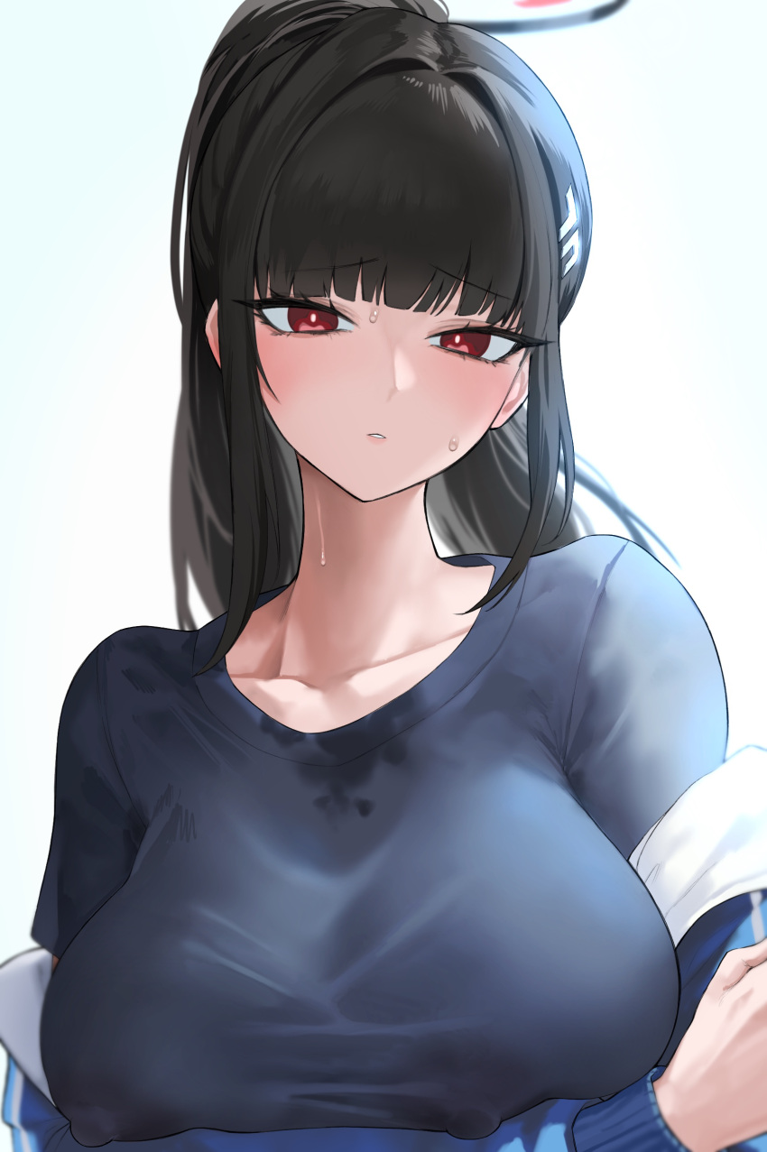 1girl absurdres arm_under_breasts black_hair blue_archive blush breasts collarbone halo highres jacket jacket_partially_removed kazane-wind large_breasts looking_at_viewer ponytail red_eyes rio_(blue_archive) simple_background solo sweatdrop sweaty_clothes track_jacket upper_body white_background