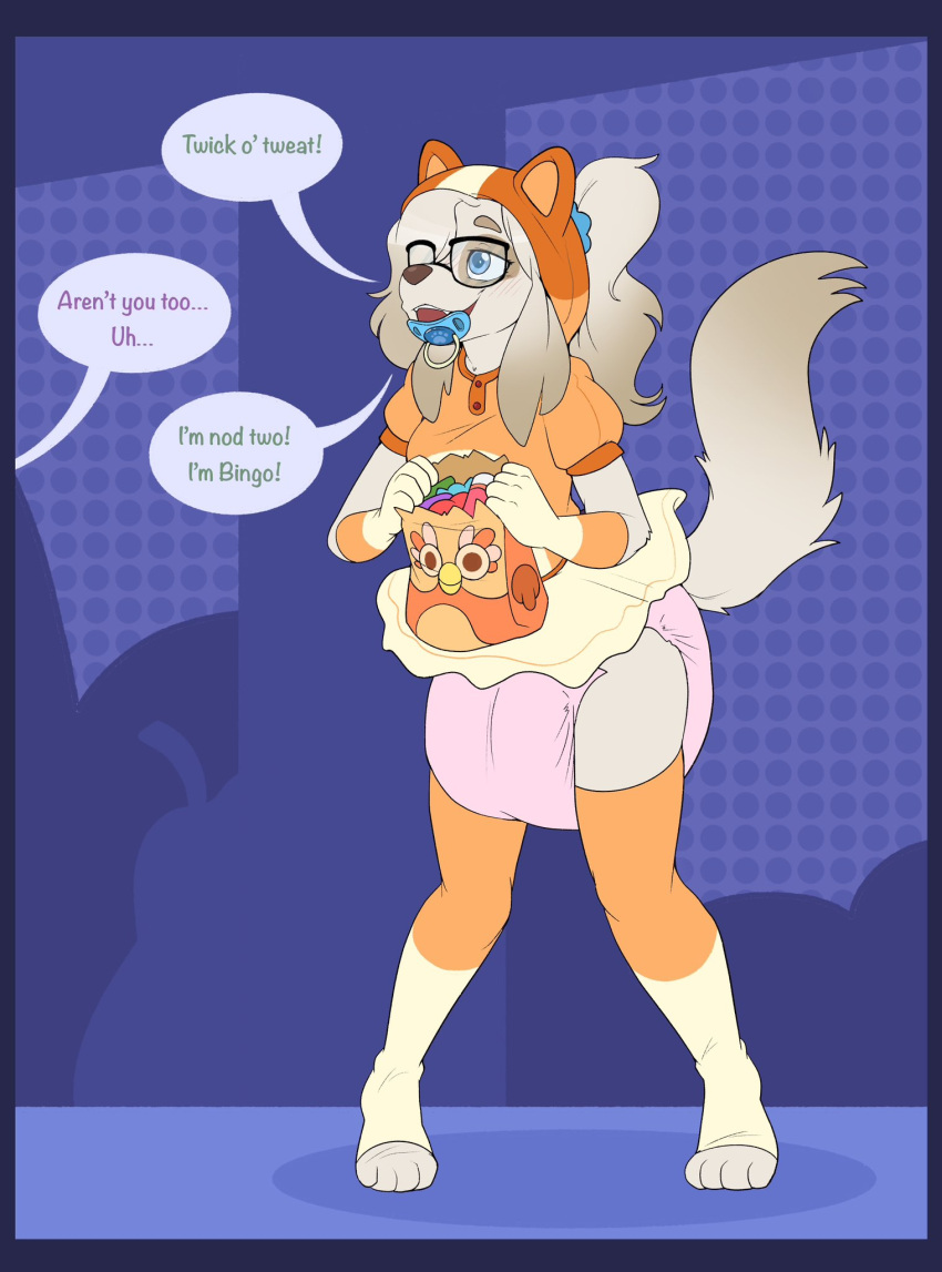 anthro bingo_heeler blue_eyes bluey_(series) bottomwear candy canid canine canis clean_diaper clothing cosplay cuddlehooves dessert dialogue diaper domestic_dog eyewear female food glasses gloves hair halloween handwear hi_res holidays hoodie mammal object_in_mouth pacifier pacifier_in_mouth paper_bag pink_diaper ponytail skirt solo speech_bubble toeless_legwear toeless_stockings topwear trick_or_treat