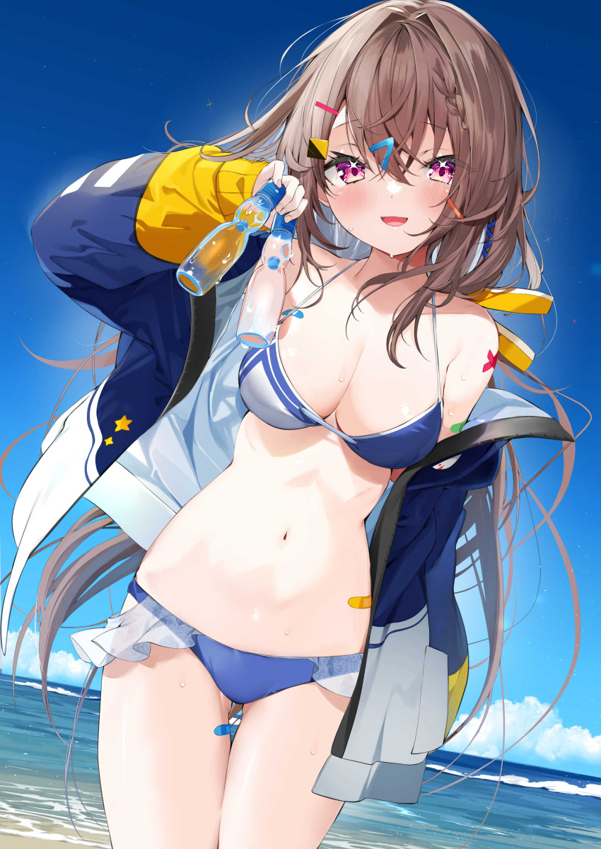 1girl :d absurdres ass_visible_through_thighs bandaid bandaid_on_leg bikini blue_bikini blue_jacket blue_sky bottle braid breasts brown_hair cleavage cloud commentary_request day hair_between_eyes hair_ornament hairclip hand_up highres holding holding_bottle horizon jacket kamioka_shun'ya long_hair long_sleeves looking_at_viewer medium_breasts navel ocean off_shoulder open_clothes open_jacket original outdoors puffy_long_sleeves puffy_sleeves purple_eyes ramune see-through sky sleeves_past_wrists smile solo swimsuit thigh_gap very_long_hair water wet