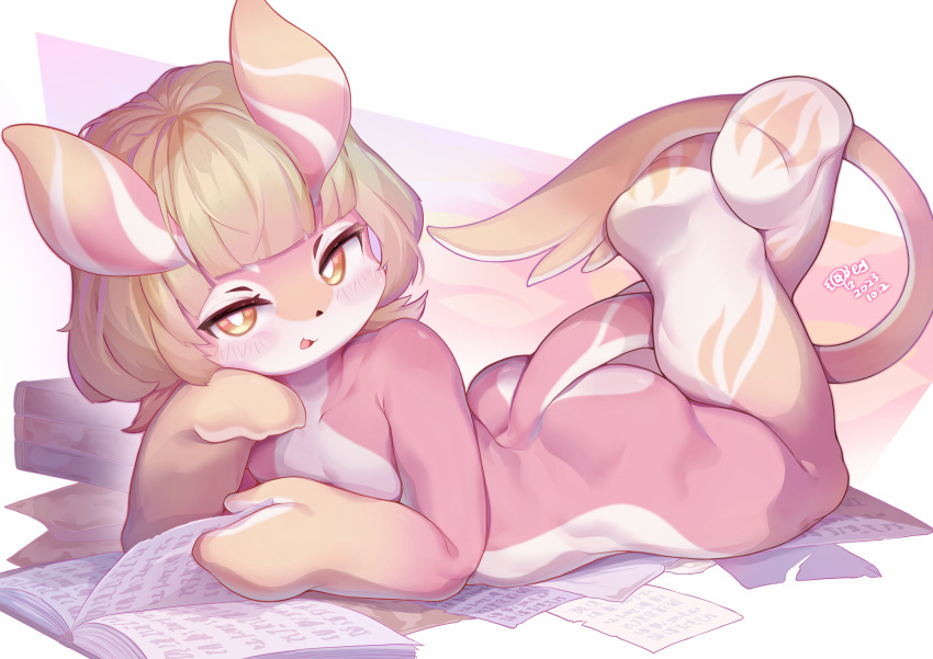 1girl absurdres animal_ears animal_nose barefoot blonde_hair blunt_bangs blush character_request chinese_commentary commentary_request completely_nude dated feet_up full_body furry furry_female genshin_impact highres innerkey_(kgfw5338) looking_at_viewer lying melusine_(genshin_impact) multicolored_fur nude on_stomach open_mouth orange_eyes orange_fur pink_fur short_hair signature solo tail the_pose white_fur