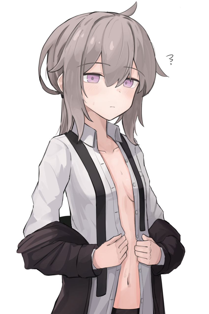 absurdres ahoge buttons exhausted gamryous girls'_frontline green_eyes highres jacket m200_(girls'_frontline) navel ponytail removing_jacket shirt unbuttoned unbuttoned_shirt white_shirt