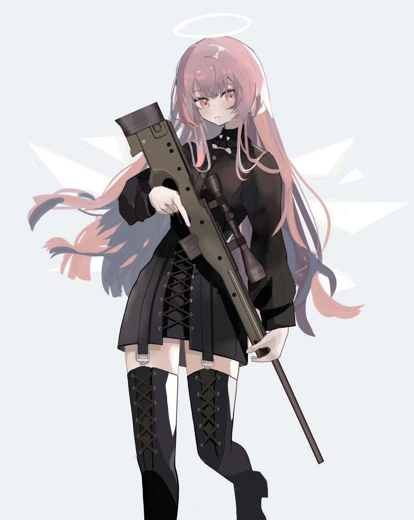 1girl absurdres arknights black_dress black_footwear boots cross-laced_clothes cross-laced_footwear dress energy_wings enne_kl grey_background gun halo highres holding holding_gun holding_weapon lace-up_boots lemuen_(arknights) long_hair long_sleeves looking_at_viewer parted_lips pink_eyes pink_hair rifle simple_background sniper_rifle solo thigh_boots trigger_discipline very_long_hair weapon zettai_ryouiki