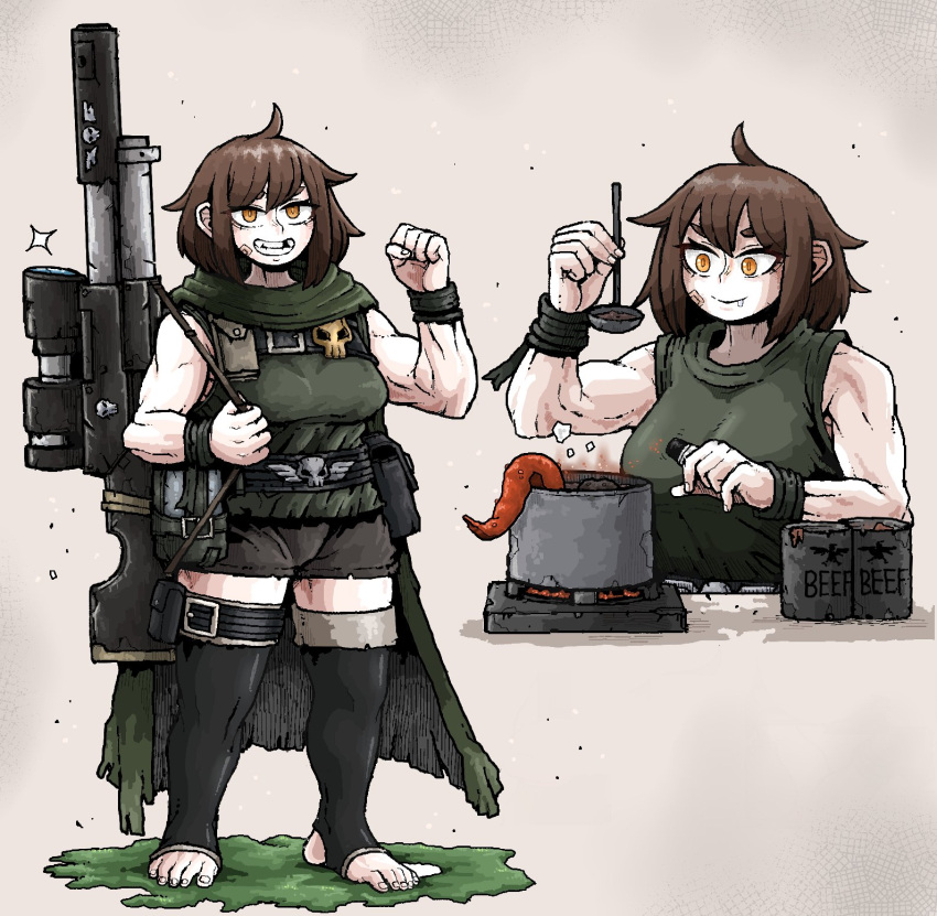 ammunition_pouch antenna_hair astra_militarum bandage_on_face bandages barefoot black_thighhighs can canned_food cloak cooking cooking_pot ekfh4rnrqkq field_ration gun highres ladle lasgun orange_eyes pouch rifle saliva short_hair skull sniper_rifle tank_top thighhighs toned tooth_gap warhammer_40k weapon