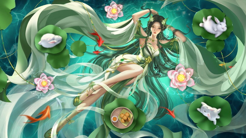 1girl absurdres baiguio_(zhu_xian) bare_legs bare_shoulders black_hair bracelet detached_sleeves dress flower full_body green_dress hair_ornament highres jewelry legs_up lily_pad long_hair looking_at_viewer lotus necklace rabbit sash second-party_source solo water yu_zai_guo_li_lueluelue zhu_xian