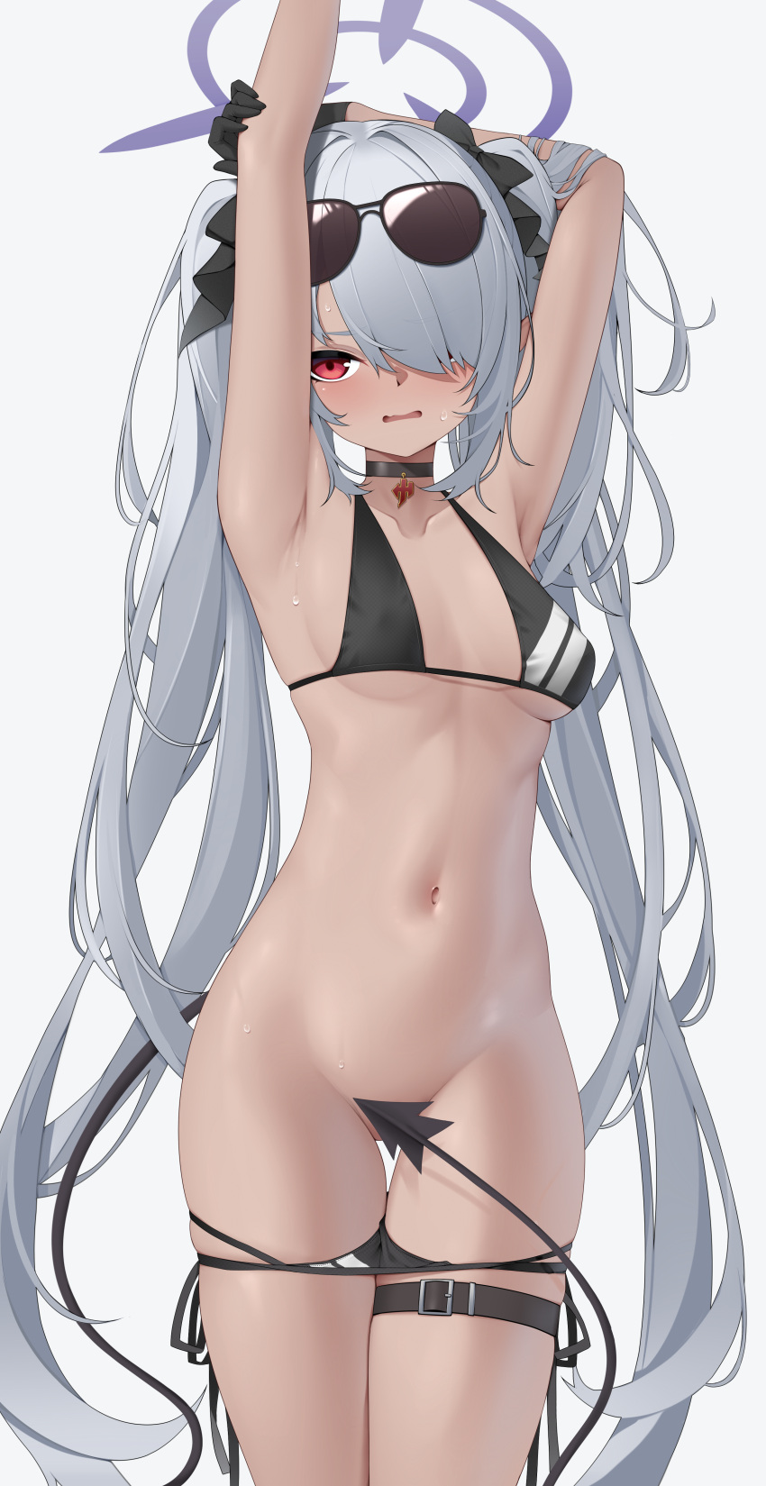 1girl absurdly_long_hair absurdres arms_up bikini_bottom_pull bikini_pull black_choker black_gloves blue_archive breasts choker clothes_pull demon_tail eyewear_on_head gloves grey_hair hair_over_one_eye halo highres holding_own_arm iori_(blue_archive) iori_(swimsuit)_(blue_archive) long_hair navel red_eyes simple_background small_breasts solo stomach sunglasses sweat tail tail_censor tan thigh_strap twintails very_long_hair white_background z.taiga