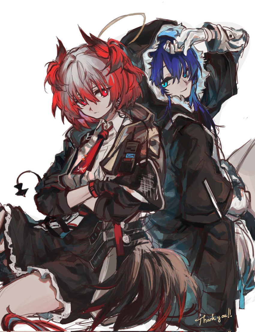 2girls animal_ears arknights back-to-back bird_ears bird_girl bird_tail black_gloves black_jacket black_skirt blue_eyes blue_hair bright_pupils collared_shirt fiammetta_(arknights) fur-trimmed_hood fur_trim gloves hair_between_eyes hand_to_forehead hand_up highres hood hood_up hooded_jacket jacket kabnu2204 long_hair long_sleeves looking_at_viewer looking_back mostima_(arknights) multiple_girls necktie open_clothes open_jacket red_eyes red_hair red_necktie second-party_source shirt short_hair simple_background sitting skirt tail thank_you walkie-talkie white_background white_gloves white_pupils white_shirt