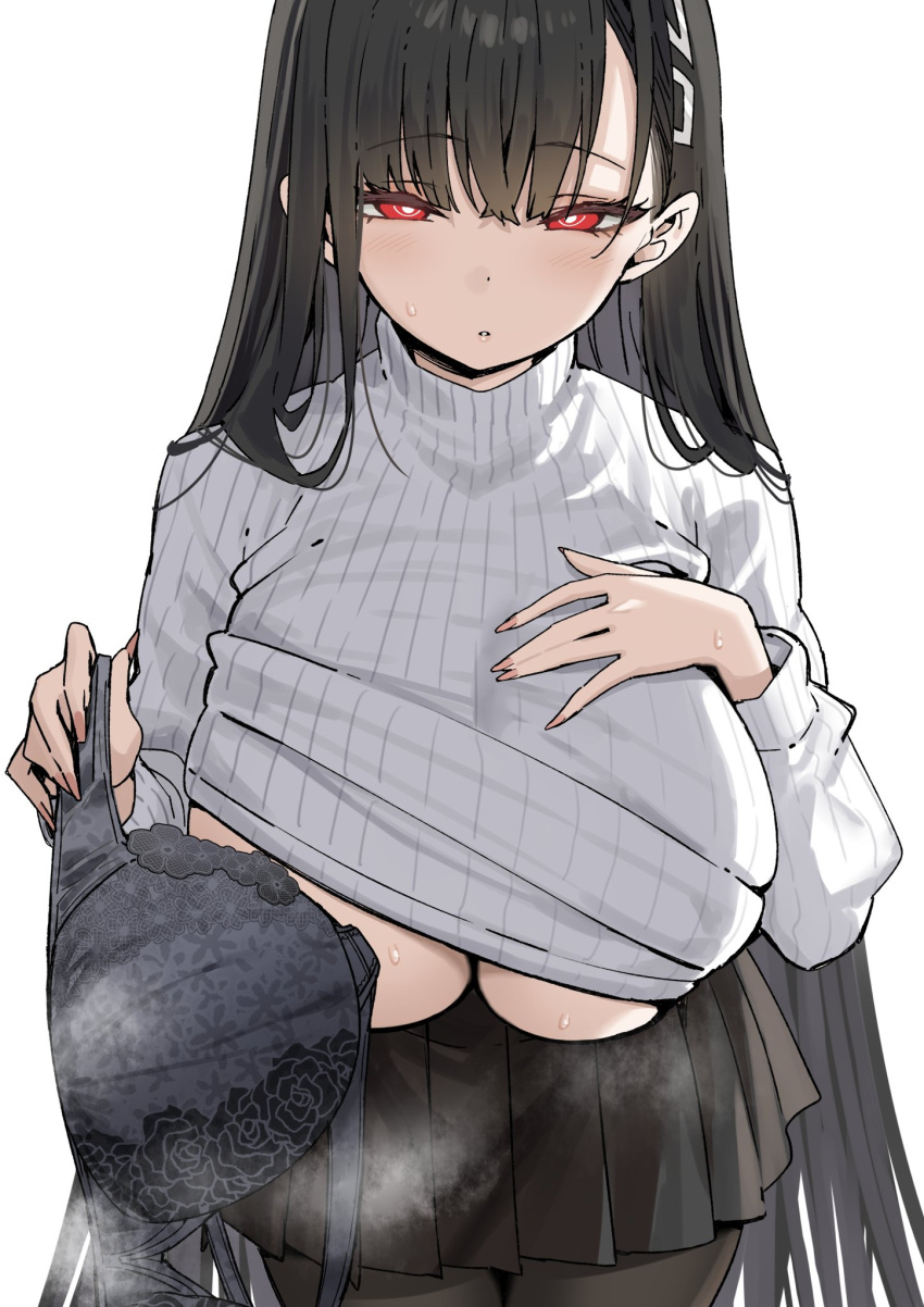 1girl black_skirt blue_archive blush bra bra_removed breasts highres holding holding_bra holding_clothes holding_underwear huge_breasts long_sleeves looking_at_viewer parted_lips pleated_skirt red_eyes rio_(blue_archive) simple_background skirt sky-freedom solo sweater turtleneck turtleneck_sweater underwear white_background white_sweater