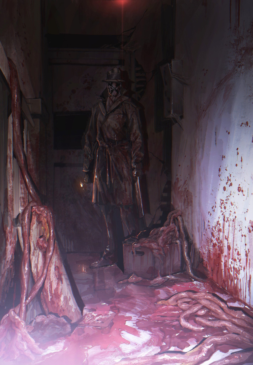 1boy ascot blood blood_on_clothes blood_on_face blood_on_ground blood_on_hands blood_on_wall blood_on_weapon cleaver facing_viewer fedora flesh gloves hat highres holding holding_matchstick holding_weapon horror_(theme) implied_light_source indoors inkblot male_focus mask massacre matches murder rorschach scarf stairs taocan_shisi_hao trench_coat watchmen weapon