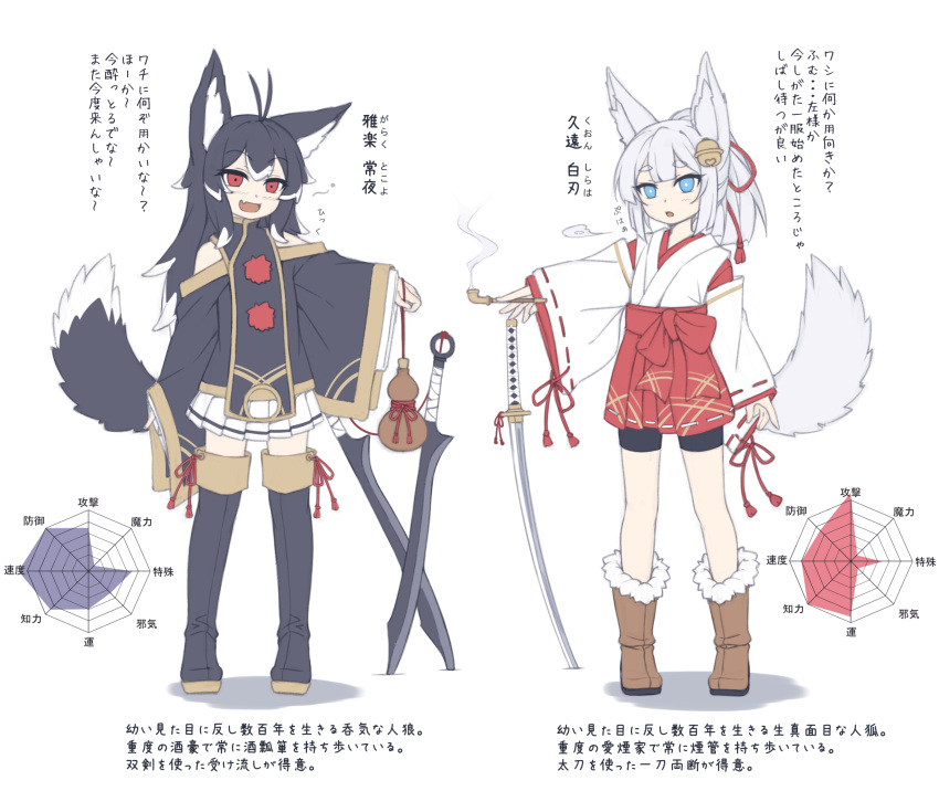 2girls :d :o animal_ear_fluff animal_ears antenna_hair bell bike_shorts black_footwear black_hair black_shorts blue_eyes blush boots brown_footwear character_name clothing_request commentary_request fang fox_ears fox_girl fox_tail full_body fur-trimmed_boots fur_trim hair_bell hair_ornament hakama hakama_short_skirt hakama_skirt highres holding holding_gourd holding_smoking_pipe japanese_clothes jingle_bell katana kimono knee_boots kyuutou_(kyuutouryuu) lolibaba long_hair long_sleeves looking_at_viewer medium_hair miko multiple_girls no_socks open_mouth original outstretched_arm parted_lips pleated_skirt ponytail radar_chart red_eyes red_hakama rope shadow shimenawa shorts simple_background skin_fang skirt sleeves_past_wrists smile smoke smoking_pipe standing sword tail thick_eyebrows thigh_boots translation_request weapon weapon_request werewolf white_background white_hair white_kimono white_skirt wide_sleeves