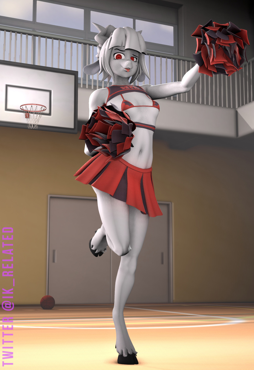 3d_(artwork) anthro bovid breasts caprine cheerleader_outfit clothed clothing convent_of_hell demon digital_media_(artwork) female fur goat gym hair helltaker hi_res horn ik_related looking_at_viewer lucifer lucifer_(helltaker) mammal not_furry red_eyes satan small_breasts solo source_filmmaker white_body white_fur white_hair