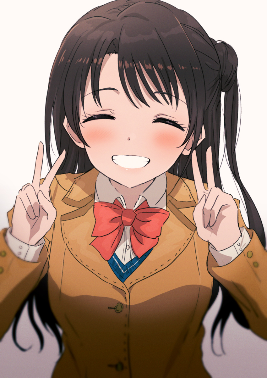 1girl blue_cardigan blush bow bowtie breasts brown_eyes brown_hair brown_jacket cardigan double_v gradient_background grin highres idolmaster idolmaster_cinderella_girls idolmaster_cinderella_girls_starlight_stage jacket long_hair long_sleeves looking_at_viewer misaki_nonaka one_side_up open_mouth red_bow red_bowtie school_uniform shimamura_uzuki shirt simple_background smile solo v white_background white_shirt