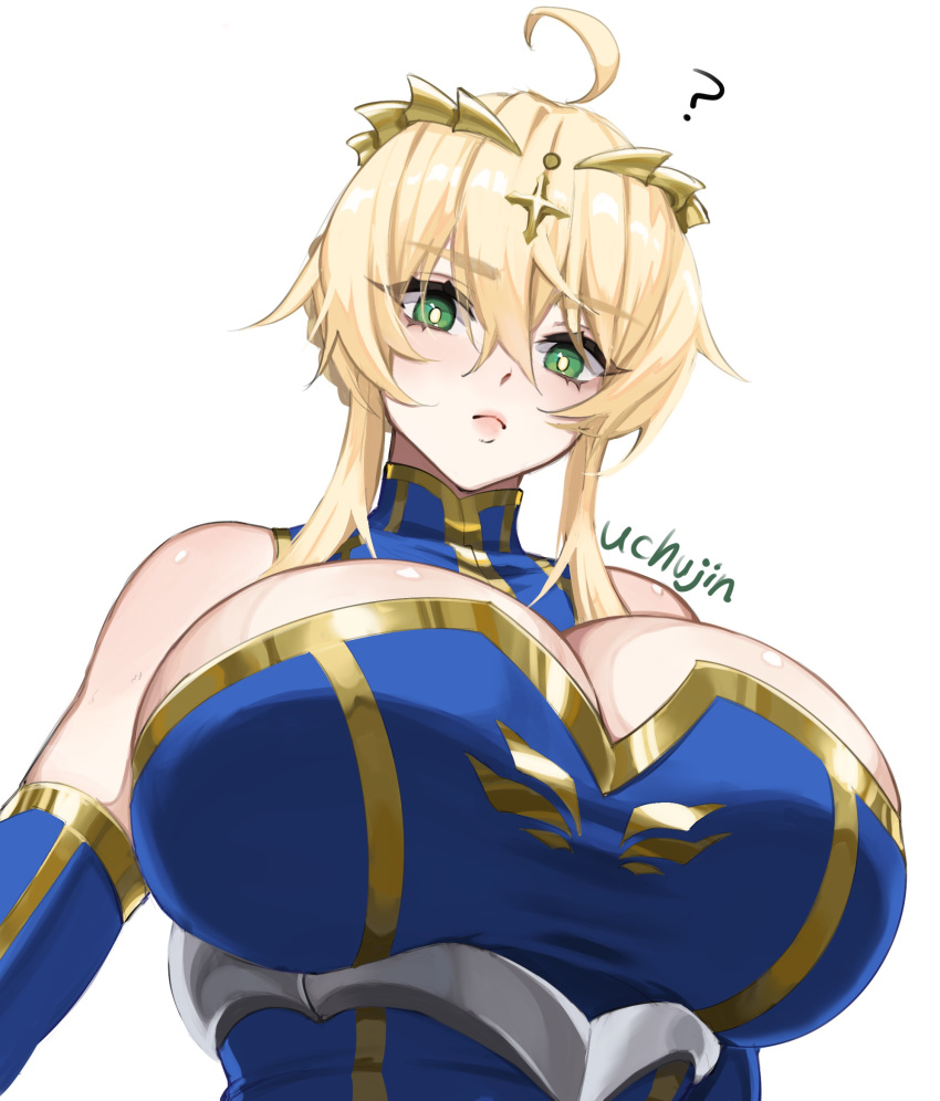 1girl ? ahoge artoria_pendragon_(fate) artoria_pendragon_(lancer)_(fate) black_leotard blue_gloves breasts bright_pupils cleavage_cutout clothing_cutout commentary_request crown elbow_gloves fate/grand_order fate_(series) gloves green_eyes high_collar highres huge_breasts impossible_clothes impossible_leotard konpeito_416 leotard lips short_hair_with_long_locks sidelocks signature skin_tight sleeveless solo white_pupils