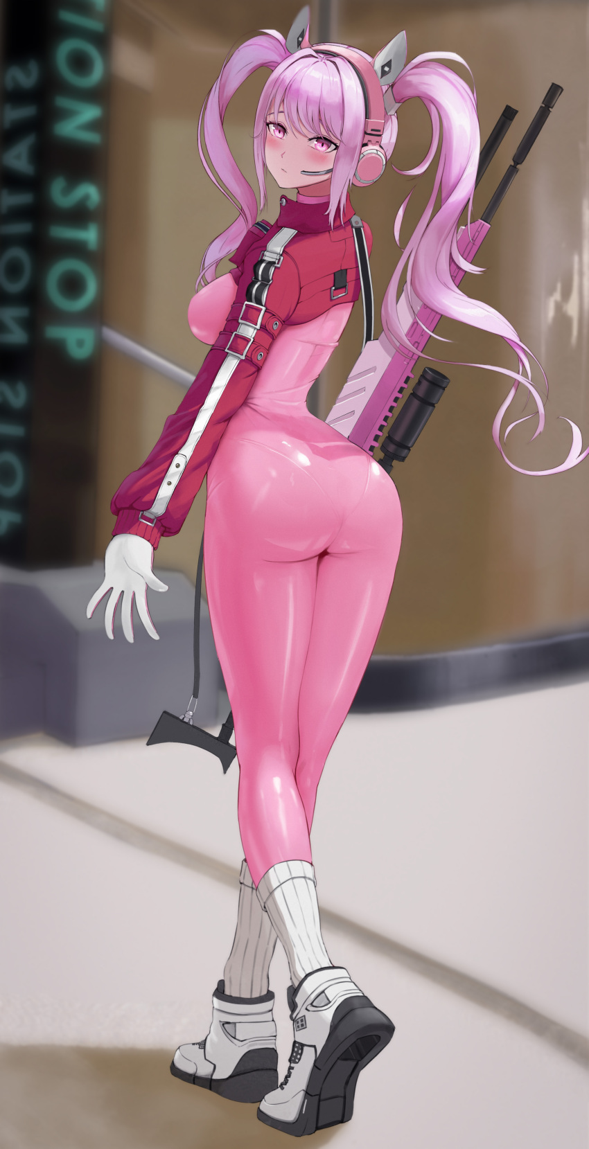 1girl absurdres alice_(nikke) animal_ear_headphones animal_ears ass bodysuit breasts elias2art fake_animal_ears from_behind full_body goddess_of_victory:_nikke gun gun_on_back headphones headset highres medium_breasts pink_bodysuit pink_eyes pink_hair pink_headphones rifle scope shoes shrug_(clothing) skin_tight sneakers sniper_rifle socks solo thighs twintails two-tone_gloves wavy_hair weapon weapon_on_back white_footwear white_socks