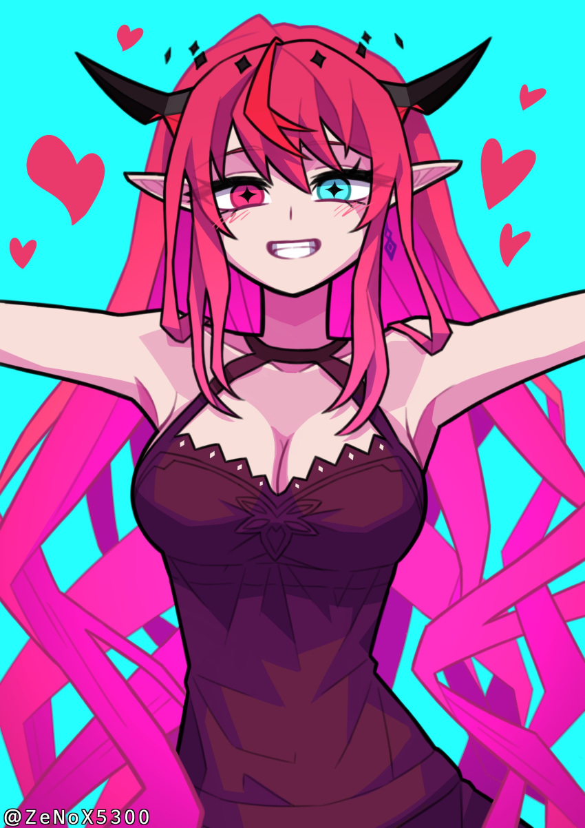 +_+ 1girl absurdres black_dress blue_background blue_eyes blush breasts cleavage dress hair_behind_ear hair_between_eyes halter_dress halterneck heart heterochromia highres hololive hololive_english horns irys_(hololive) long_hair looking_at_viewer medium_breasts pointy_ears red_eyes red_hair smile solo twitter_username upper_body very_long_hair virtual_youtuber zenox5300