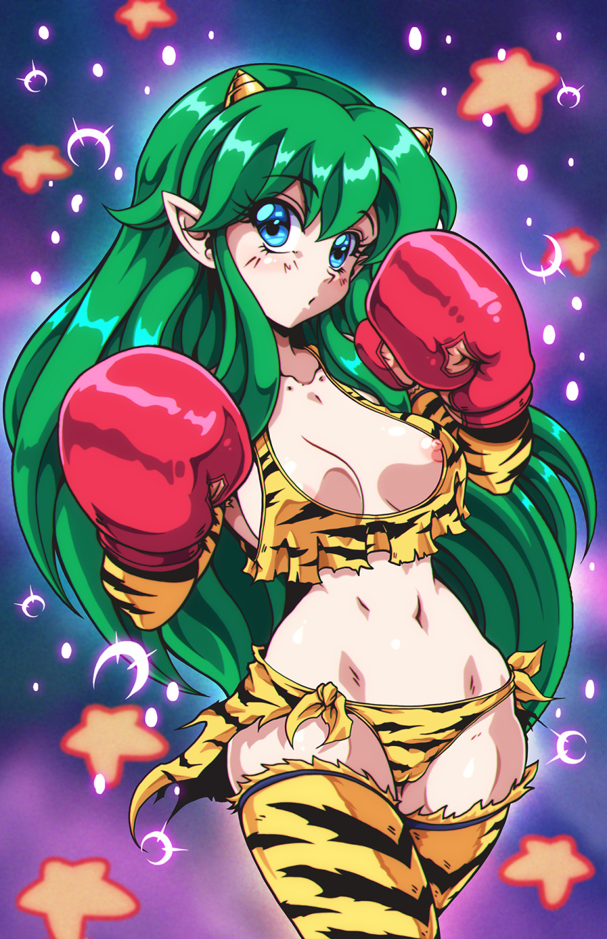 1girl animal_print blue_eyes boxing_gloves breasts collarbone cowboy_shot elbow_gloves english_commentary eyelashes gloves green_eyes hair_between_eyes highres horns karosu_maker large_breasts long_hair lum nipple_slip nipples oni_horns panties parted_lips pointy_ears solo star_(symbol) thighhighs tiger_print underwear urusei_yatsura very_long_hair