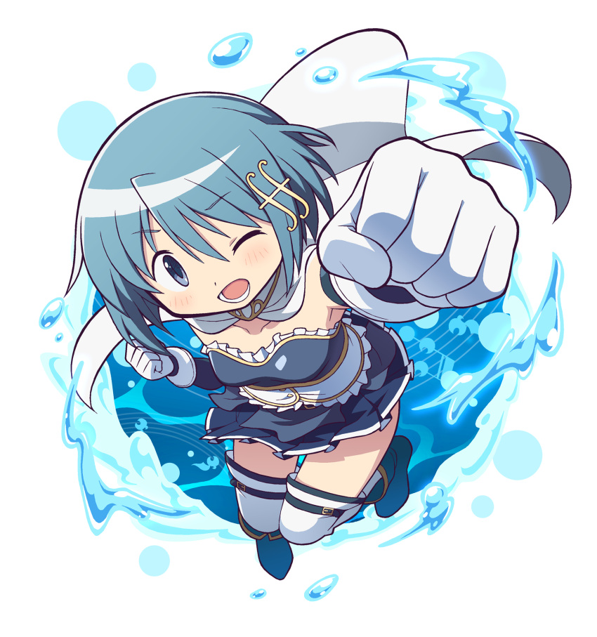 1girl ;d arm_up blue_eyes blue_hair cape clenched_hand collarbone dress fortissimo frilled_dress frills from_above gecchu gloves hair_ornament hairclip highres lower_teeth_only magical_girl mahou_shoujo_madoka_magica miki_sayaka musical_note musical_note_hair_ornament one_eye_closed pleated_skirt raised_fist short_hair skirt smile solo teeth thighhighs white_background white_cape white_gloves white_thighhighs
