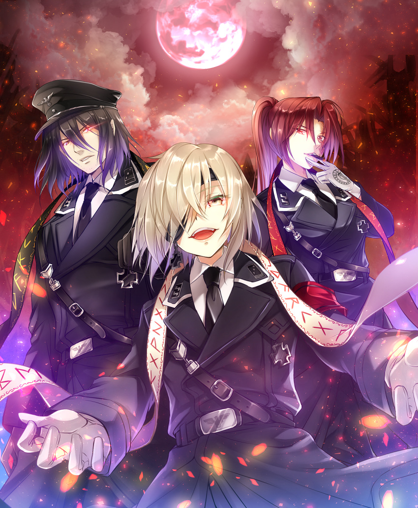 1girl 2boys belt bishounen black_belt black_jacket black_necktie black_pants blonde_hair cigar collared_shirt cross dies_irae eleonore_von_wittenburg embers eyelashes full_moon gloves glowing glowing_eye hatori_mia highres iron_cross jacket military_uniform moon multiple_boys nazi necktie open_mouth pants parted_lips ponytail quinn_(kokubyaku_no_avesta) red_armband red_eyes red_hair red_sky reichsadler runes scared shinza_bansho_series shirt sky smoking ss_insignia teeth uniform upper_teeth_only white_gloves wolfgang_schreiber