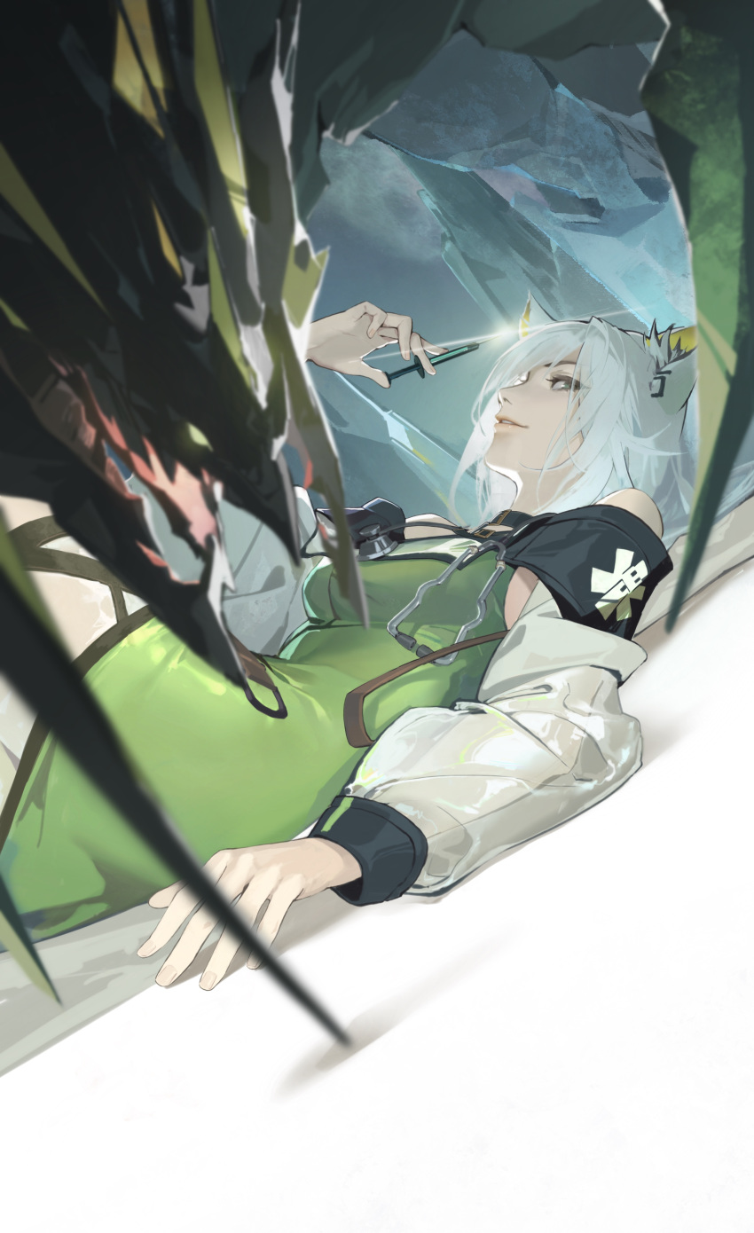1girl absurdres animal_ear_fluff animal_ears arknights arm_up cat_ears cat_girl commentary_request dress feet_out_of_frame green_dress green_eyes highres holding holding_syringe jacket kal'tsit_(arknights) knees_up long_hair long_sleeves looking_at_viewer lying mon3tr_(arknights) off-shoulder_jacket off_shoulder on_back sanbai_jin_ye_da_mao see-through see-through_sleeves sideways_glance smile solo stethoscope syringe white_jacket