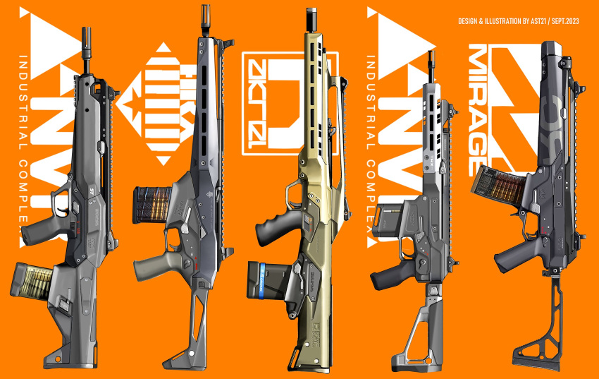 2023 artist_name assault_rifle asterozoa bullpup english_commentary gun highres no_humans orange_background original rifle sideways submachine_gun weapon weapon_focus