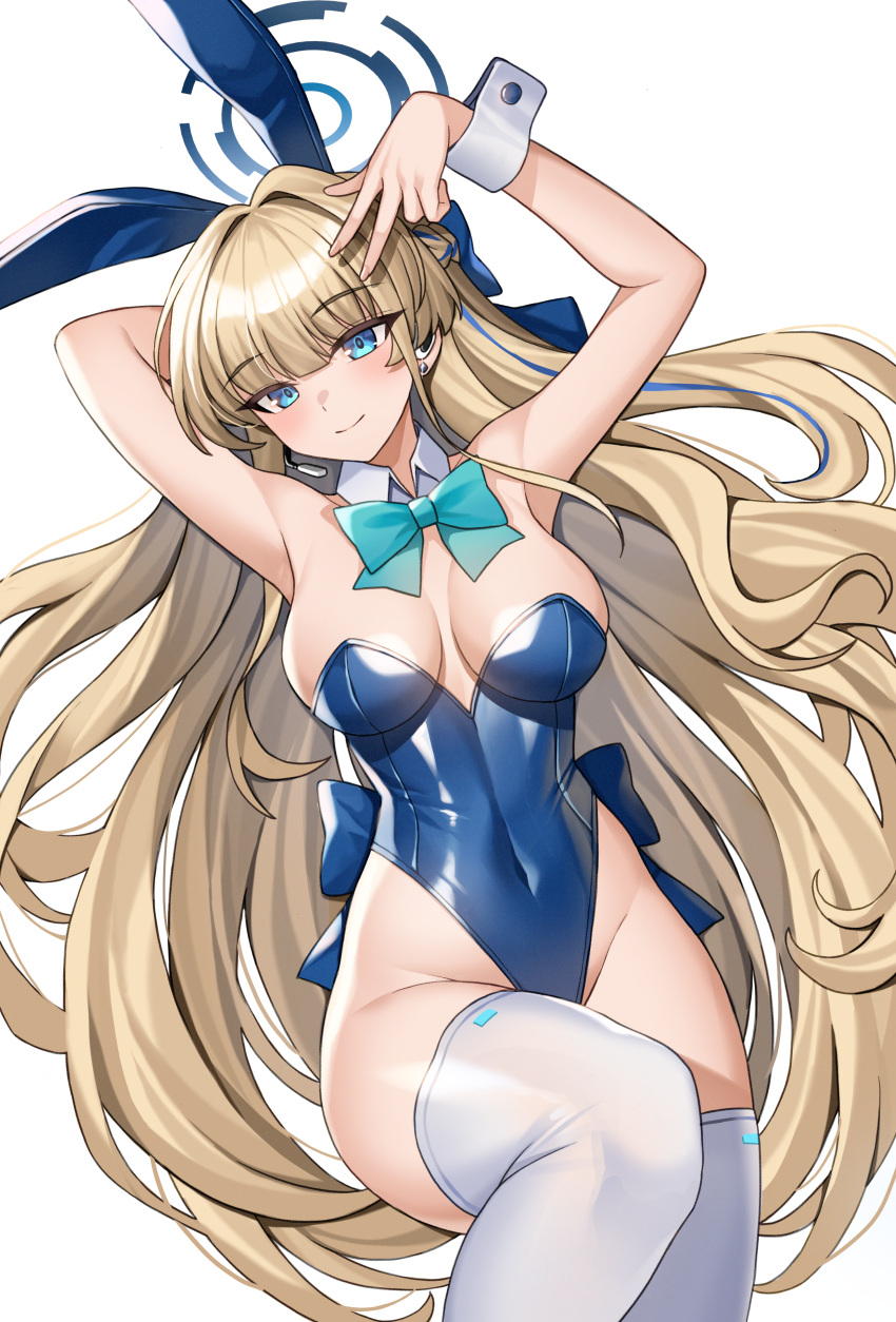1girl absurdres animal_ears arms_up bare_shoulders blonde_hair blue_archive blue_bow blue_eyes blue_hairband blue_leotard bow bowtie braid breasts closed_mouth covered_navel cuff_links detached_collar earpiece earrings fake_animal_ears glint hairband halo highleg highleg_leotard highres jewelry knee_up leotard long_hair lying medium_breasts microphone multicolored_hair nanni_jjang official_alternate_costume official_alternate_hairstyle on_back playboy_bunny rabbit_ears simple_background smile solo streaked_hair stud_earrings thighhighs thighs toki_(blue_archive) toki_(bunny)_(blue_archive) v very_long_hair white_background white_thighhighs wrist_cuffs