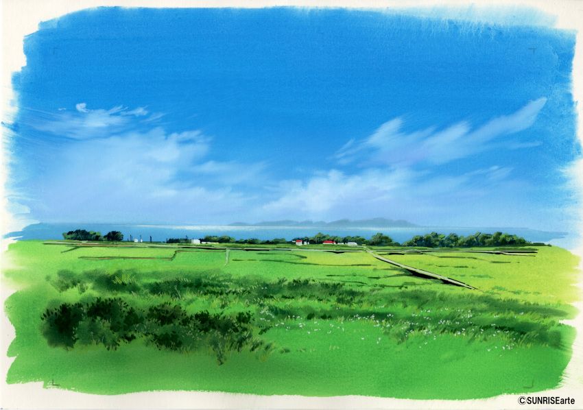 blue_sky cloud cloudy_sky day field highres island ocean original road rural scenery shore sky sunrise_arte water