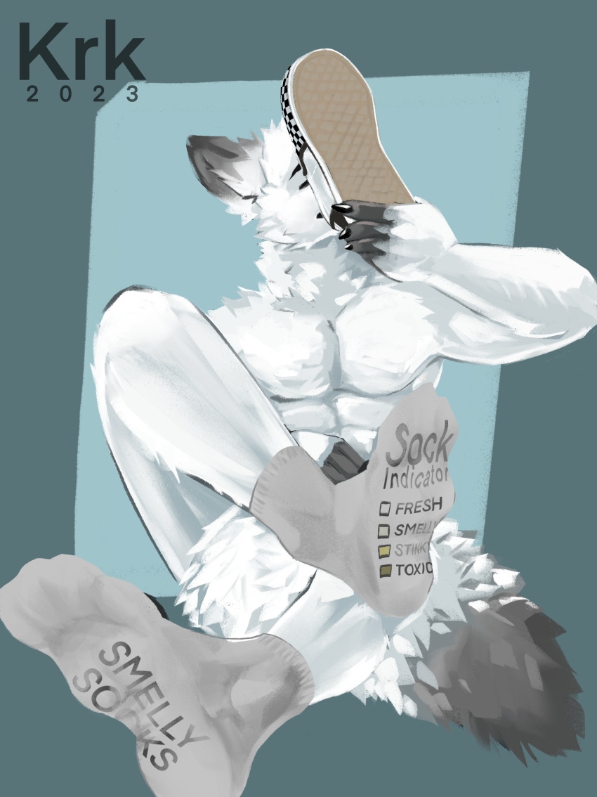 absurd_res anthro canid canine clothing dirty_feet english_text feet foot_fetish foot_focus foot_sniffing footwear fox hi_res humanoid male mammal musk musk_fetish musky_feet pawpads scent shoe_sniffing shoes sketchotterly sniffing sock_fetish socks solo text worshiping