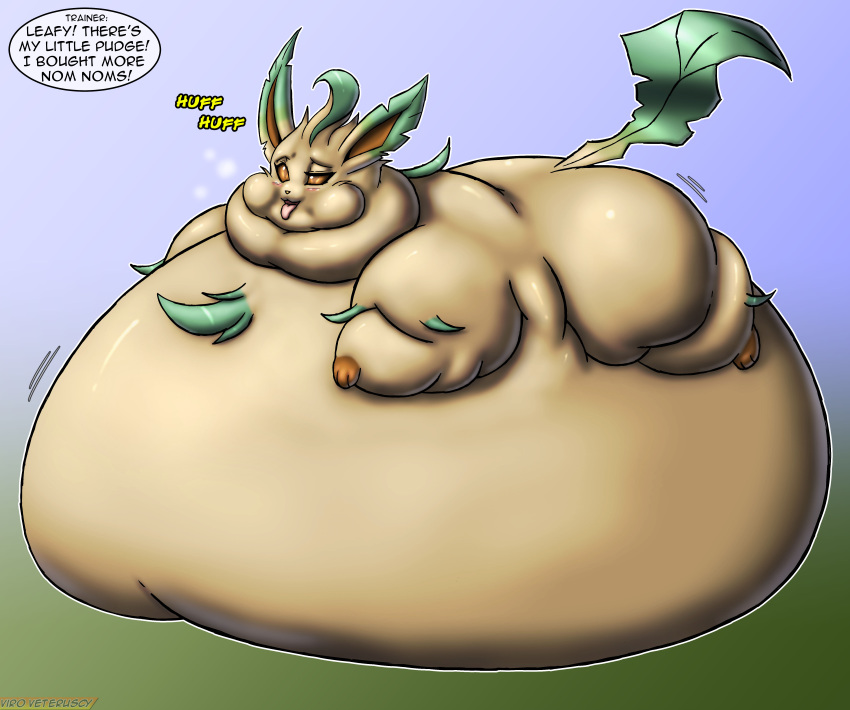 2021 absurd_res ambiguous_gender belly big_belly blush breath digital_media_(artwork) eeveelution english_text feral generation_4_pokemon hi_res huge_belly leafeon morbidly_obese morbidly_obese_feral nintendo obese obese_feral open_mouth overweight overweight_feral pokemon pokemon_(species) text tongue tongue_out