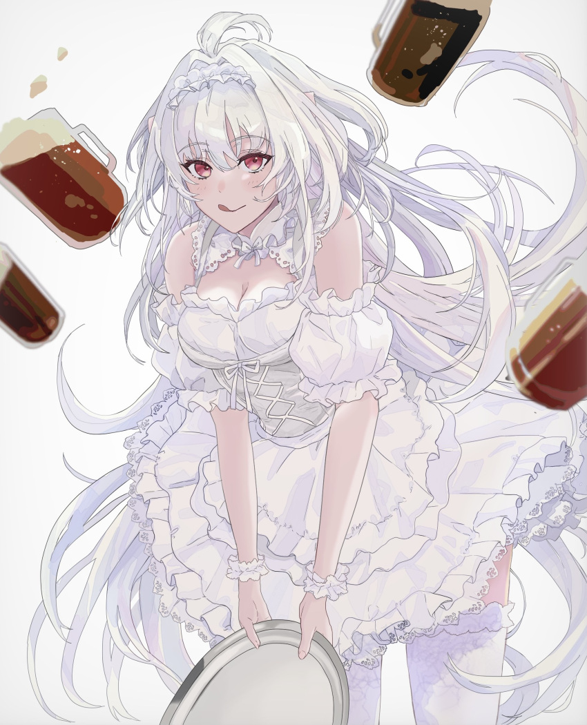 1girl absurdres ahoge alcohol bare_shoulders beer beer_mug blush breasts cleavage cleavage_cutout clothing_cutout corset cup dirndl dress fate/grand_order fate_(series) frilled_hairband frills german_clothes hairband highres leaning_forward licking_lips long_hair looking_at_viewer medium_breasts merlin_(fate/prototype) mug pakameso_paso pointy_ears red_eyes scrunchie smile solo thighhighs thighs tongue tongue_out tray very_long_hair white_dress white_hair white_thighhighs wrist_scrunchie