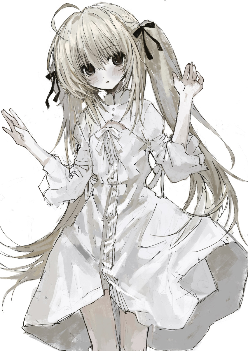 1girl absurdres ahoge black_eyes black_ribbon blush dress feet_out_of_frame hair_between_eyes hair_ribbon hands_up highres kasugano_sora long_hair long_sleeves looking_at_viewer parted_lips ribbon simple_background sketch solo trtrttrrrrrr twintails white_background white_dress white_hair yosuga_no_sora