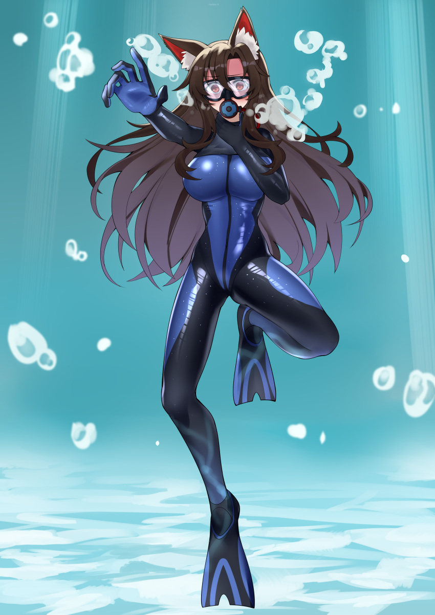 1girl absurdres ailu_elf air_bubble asphyxiation bodysuit bubble diving diving_mask diving_regulator diving_suit drowning flippers goggles highres holding_breath imaizumi_kagerou scuba scuba_gear skin_tight solo touhou underwater wetsuit