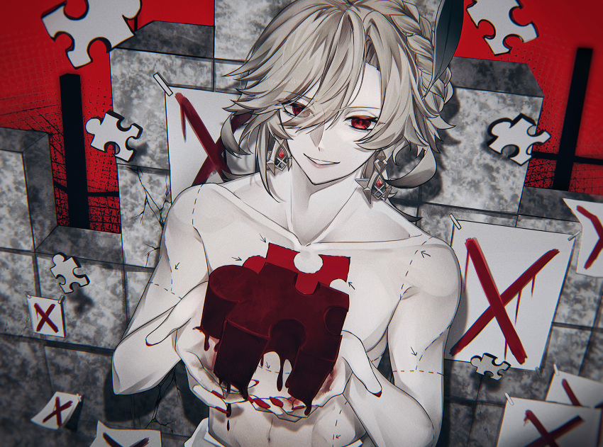 1boy absurdres bishounen genshin_impact grey_hair guro highres kaveh_(genshin_impact) male_focus puzzle puzzle_piece red_background red_eyes sakura11587158 short_hair simple_background smile solo stitches topless_male