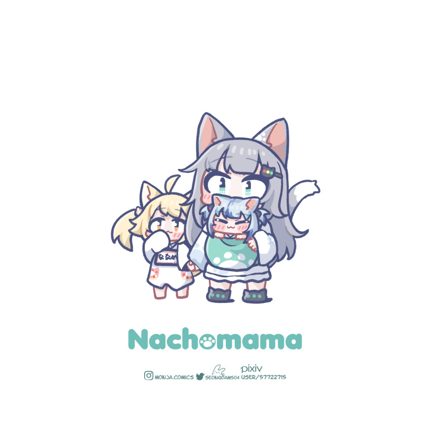 3girls :3 =_= aged_down animal_ears baby blonde_hair blush_stickers cat_ears cat_girl cat_tail character_name chibi closed_eyes commentary doughnut_print english_commentary gawr_gura gokigen_naname grey_hair hair_ornament hairclip highres hololive hololive_english indie_virtual_youtuber instagram_username monja_(monja0521) multicolored_hair multiple_girls nachoneko pixiv_username simple_background streaked_hair tail twintails twitter_username virtual_youtuber white_background |_|