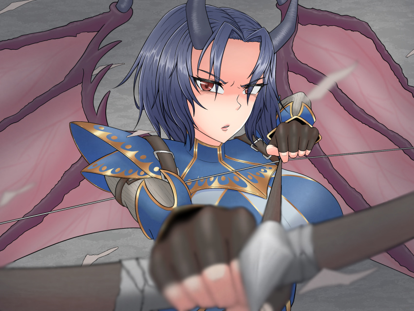 2023 armor arueshalae blue_armor breasts clothing demon demon_humanoid digital_media_(artwork) female fingerless_gloves gloves handwear hi_res holding_bow_(weapon) holding_object holding_weapon horn humanoid looking_at_viewer massaq_oekaki membrane_(anatomy) membranous_wings not_furry open_mouth pathfinder pathfinder:_wrath_of_the_righteous red_eyes solo spread_wings weapon wings