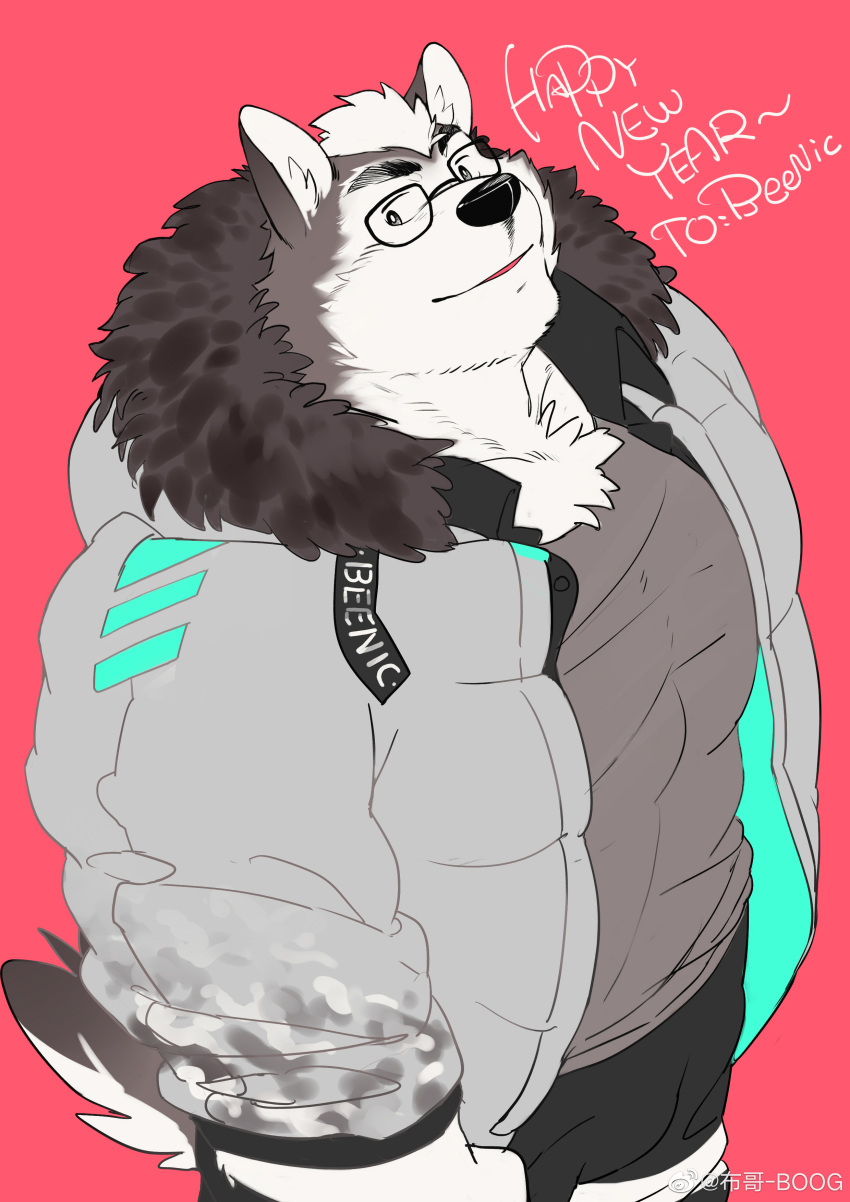 1boy absurdres animal_ears bara beenic boogbogex dog_boy dog_ears fur-trimmed_jacket fur_trim furry furry_male glasses happy_new_year head_tilt highres jacket large_pectorals looking_at_viewer male_focus mature_male muscular muscular_male original pectorals short_hair solo thick_eyebrows