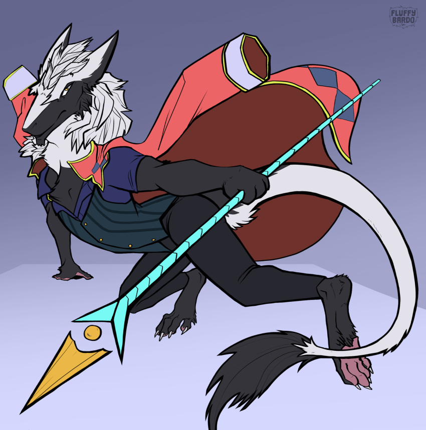 anthro clothed clothing fluffybardo fur hair hi_res howl's_castle sergal staff tail
