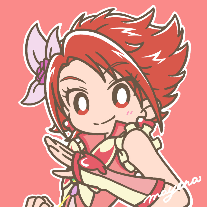 1girl blush butterfly_earrings clenched_hand closed_mouth cure_rouge earrings eyelashes flipped_hair flower hair_flower hair_ornament highres jewelry mayena natsuki_rin outline popped_collar precure red_background red_hair signature sleeveless smile solo upper_body white_outline yes!_precure_5