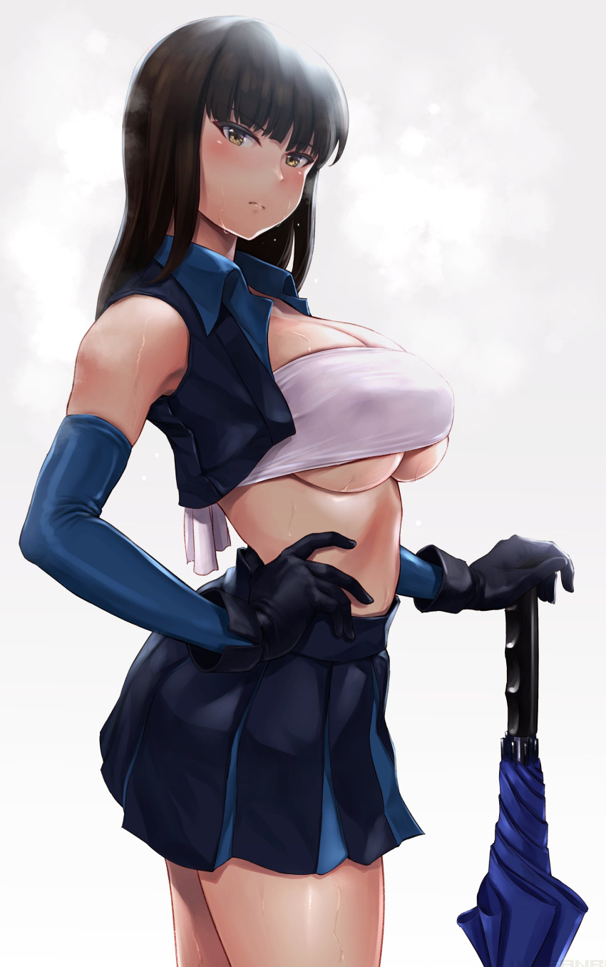 1girl absurdres bandeau black_hair black_skirt black_vest blue_gloves breasts brown_eyes closed_umbrella cowboy_shot elbow_gloves girls_und_panzer gloves hand_on_own_hip highres large_breasts long_hair looking_at_viewer mature_female midriff nishizumi_shiho planted planted_umbrella pleated_skirt race_queen revision simple_background skirt solo standing straight_hair umbrella underboob vest wa_(genryusui) white_background