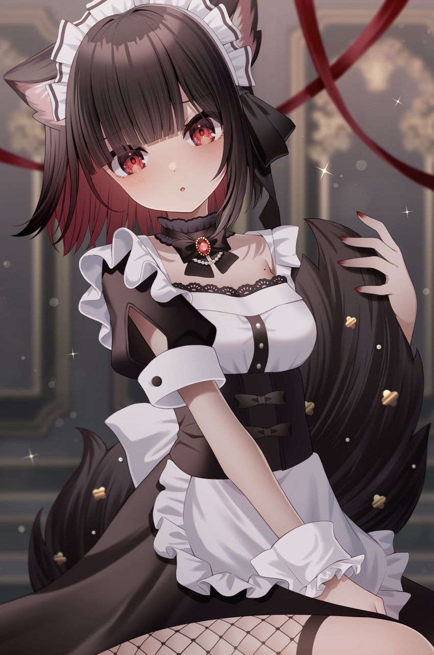 1girl :o absurdres animal_ear_fluff animal_ears apron black_bow black_dress black_hair blurry blurry_background bow breasts brooch colored_inner_hair commentary_request depth_of_field dress fishnets fox_ears fox_girl fox_tail frilled_apron frills hand_up highres jewelry maid maid_headdress medium_breasts multicolored_hair nail_polish original parted_lips puffy_short_sleeves puffy_sleeves red_eyes red_hair red_nails sapphire_(sapphire25252) short_sleeves solo tail two-tone_hair white_apron wrist_cuffs