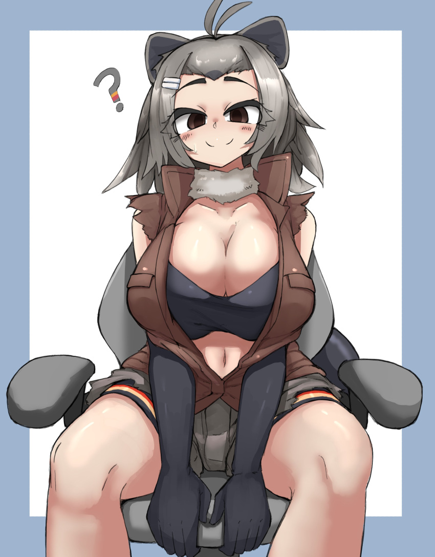 1girl ? absurdres alternate_breast_size american_beaver_(kemono_friends) animal_ears antenna_hair bare_shoulders beaver_ears beaver_tail bike_shorts bike_shorts_under_shorts black_gloves breast_pocket breasts brown_eyes brown_vest chair cleavage closed_mouth collared_vest curvy detached_collar elbow_gloves fur_collar gloves grey_hair hair_ornament hairclip high_collar highres huge_breasts kemono_friends legs_apart long_hair looking_at_viewer navel on_chair pocket shorts sitting smile solo stomach swivel_chair tail urisaba vest