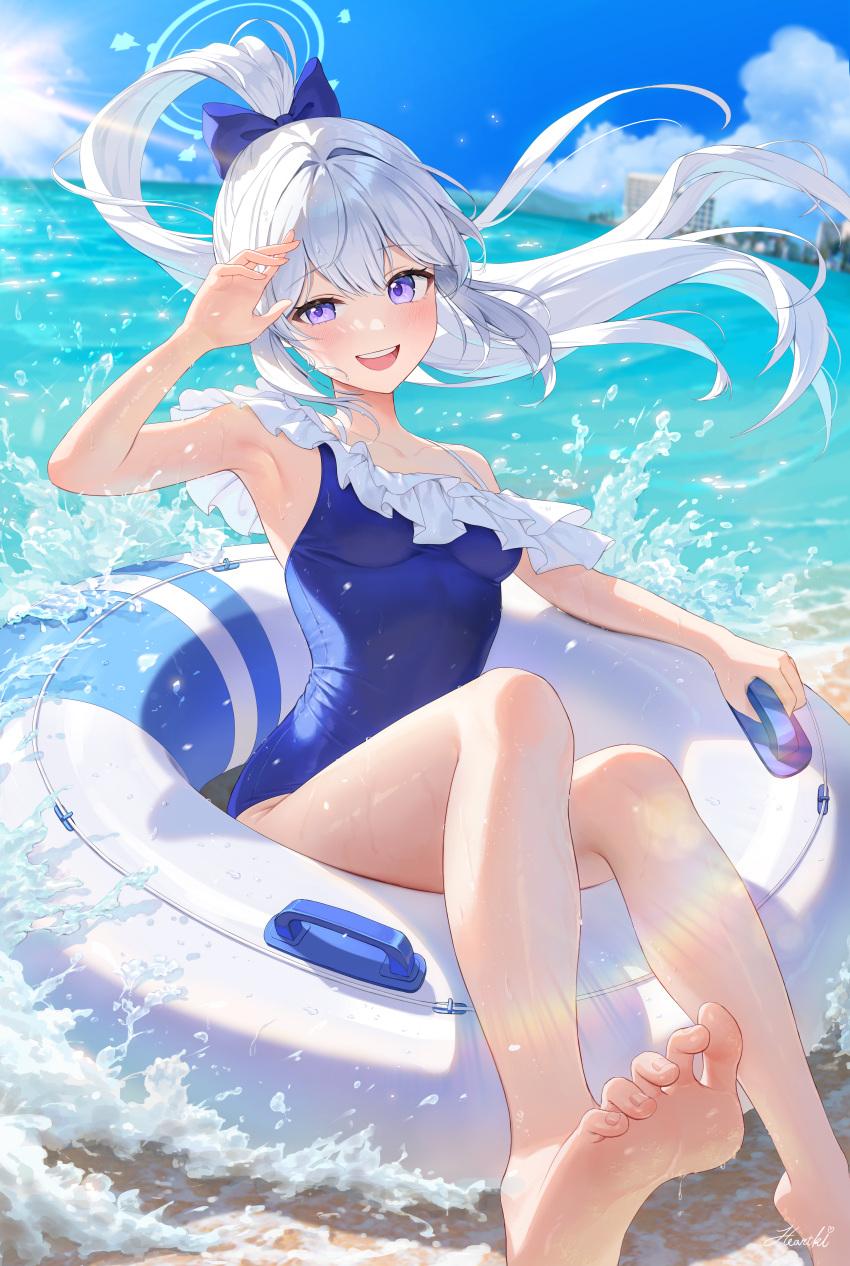 1girl absurdres armpits artist_name bare_arms bare_shoulders beach blue_archive blue_bow blue_one-piece_swimsuit blue_sky blurry blurry_background blush bow breasts casual_one-piece_swimsuit cloud collarbone day feet fine_fabric_emphasis frilled_one-piece_swimsuit frills grey_hair hair_bow hair_intakes halo heartki high_ponytail highres innertube legs looking_at_viewer medium_breasts miyako_(blue_archive) miyako_(swimsuit)_(blue_archive) ocean official_alternate_costume on_innertube one-piece_swimsuit open_mouth outdoors ponytail purple_eyes sand signature sky smile soles solo sunlight swimsuit teeth thighs toe_scrunch toes upper_teeth_only water waves wet