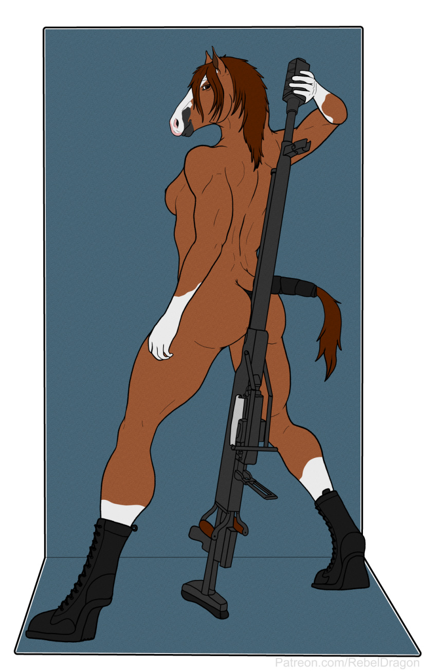 alpha_channel anthro black_body boots boots_only breasts brown_body brown_hair butt clothing digital_media_(artwork) equid equine female fingers footwear footwear_only fur gloves_(marking) gun hair hi_res holding_object holding_weapon horse leg_markings looking_at_viewer looking_back looking_back_at_viewer mammal mane markings mostly_nude multicolored_body multicolored_fur nipples object_between_cheeks ranged_weapon rebeldragon101 rifle shoes shoes_only simple_background smile socks_(marking) solo standing tail tail_wraps weapon white_body wraps