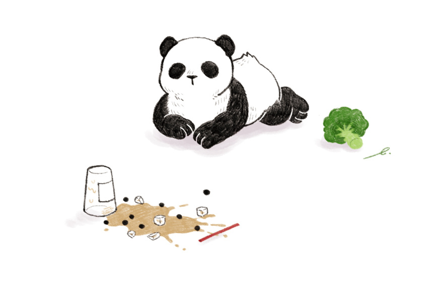 accident animal_focus broccoli bubble_tea cup dated_commentary disposable_cup drinking_straw lying no_humans on_floor original panda signature simple_background spill terao_(omelettera) white_background