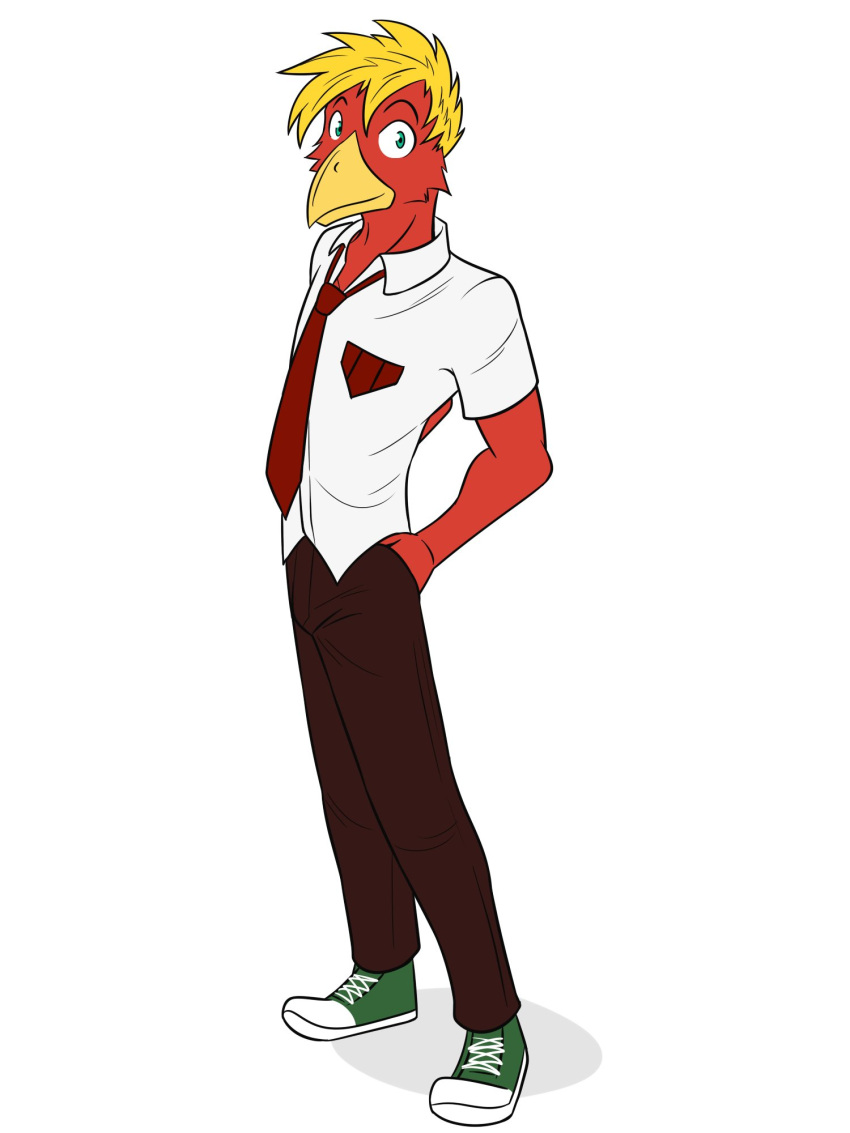 anthro avian bird bottomwear clothed clothing footwear full-length_portrait fully_clothed fuze hand_in_pocket hi_res male necktie pants pockets portrait shirt shoes simple_background solo topwear tyler_(fuze) white_background