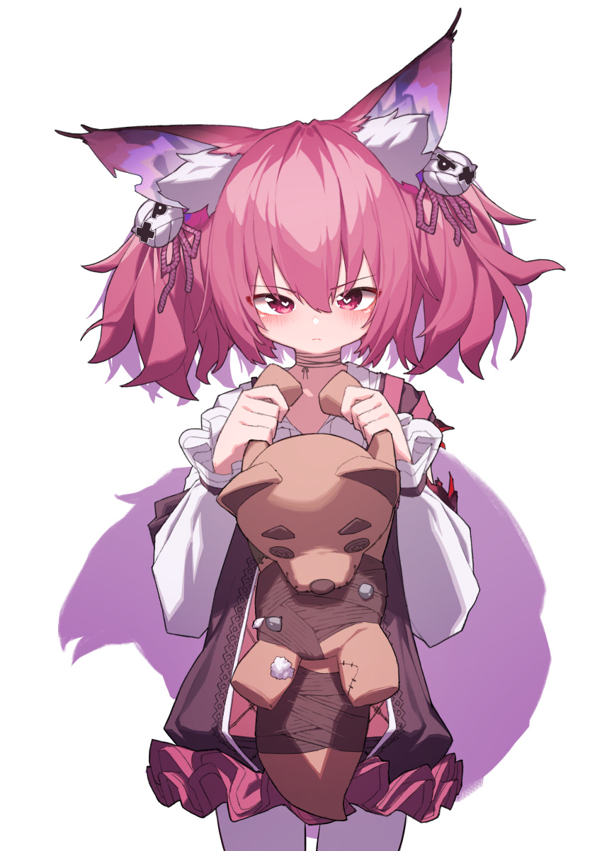 1girl absurdres animal_ear_fluff animal_ears arknights beudelb blush brown_dress closed_mouth commentary_request dress frilled_dress frills hair_between_eyes hands_up heart heart-shaped_pupils highres holding holding_stuffed_toy long_sleeves pantyhose puffy_long_sleeves puffy_sleeves purple_hair red_eyes shamare_(arknights) shirt simple_background sleeves_past_wrists solo standing stuffed_animal stuffed_panda stuffed_toy symbol-shaped_pupils tail twintails white_background white_pantyhose white_shirt