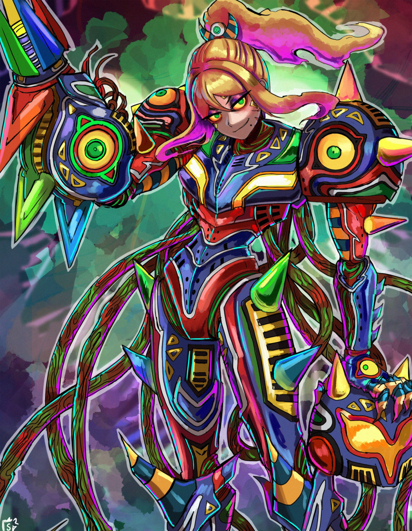 1girl abstract_background absurdres alternate_costume alternate_eye_color arm_cannon blonde_hair colored_sclera company_connection corruption crossover dark_persona highres majora_(entity) makeup mascara metroid mole nintendo ponytail samus_aran spikes stoic_seraphim tentacles the_legend_of_zelda the_legend_of_zelda:_majora's_mask varia_suit weapon yellow_sclera