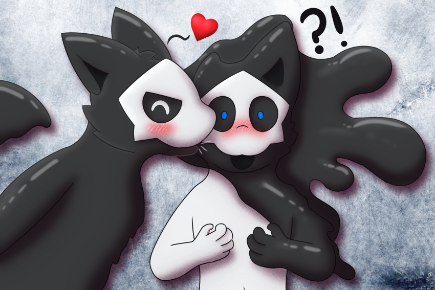 &lt;3 anthro blush canid canine changed_(video_game) duo goo_creature goo_transformation hi_res human kissing kissing_cheek latex_transformation lin_(changed) male male/male mammal orangestheasd_(artist) puro_(changed) question_mark rubber species_transformation surprise surprised_expression transformation