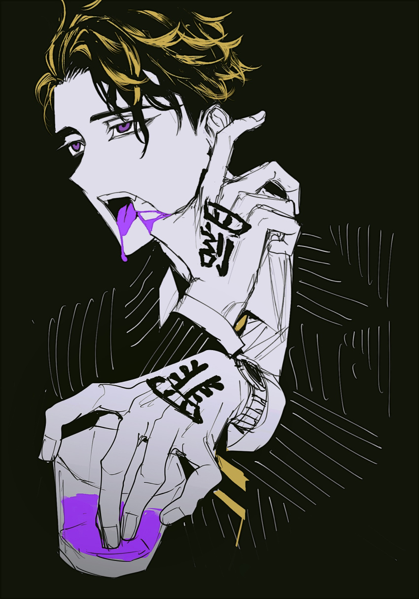 1boy black_background black_jacket blonde_hair collared_shirt colored_tongue cup fingernails formal hand_tattoo hanma_shuuji highres holding holding_cup jacket liquid_from_mouth long_sleeves looking_to_the_side male_focus multicolored_hair necktie open_mouth pinstripe_jacket pinstripe_pattern pinstripe_suit purple_eyes purple_tongue remsrar shirt solo streaked_hair striped striped_necktie suit tattoo teeth tokyo_revengers watch white_shirt wristwatch