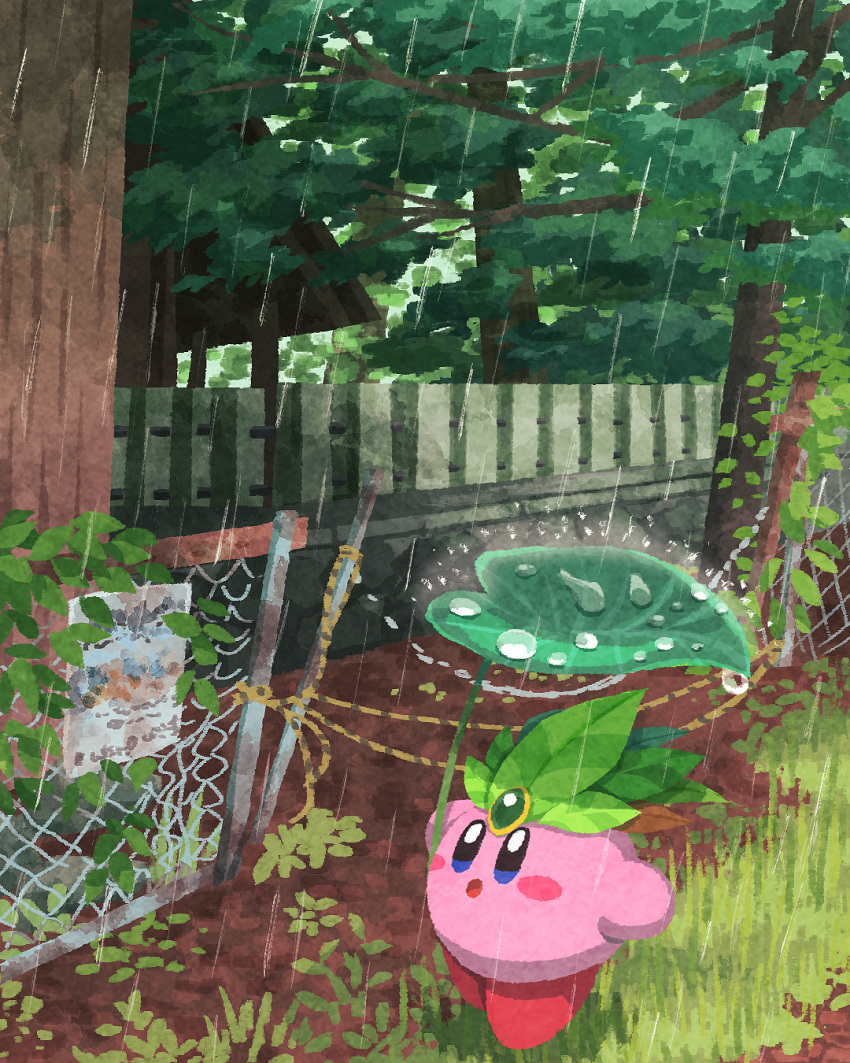 blue_eyes chain-link_fence commentary copy_ability fence forest gem green_gemstone highres kirby kirby_(series) leaf leaf_kirby leaf_umbrella miclot nature no_humans open_mouth rain red_footwear shoes water_drop